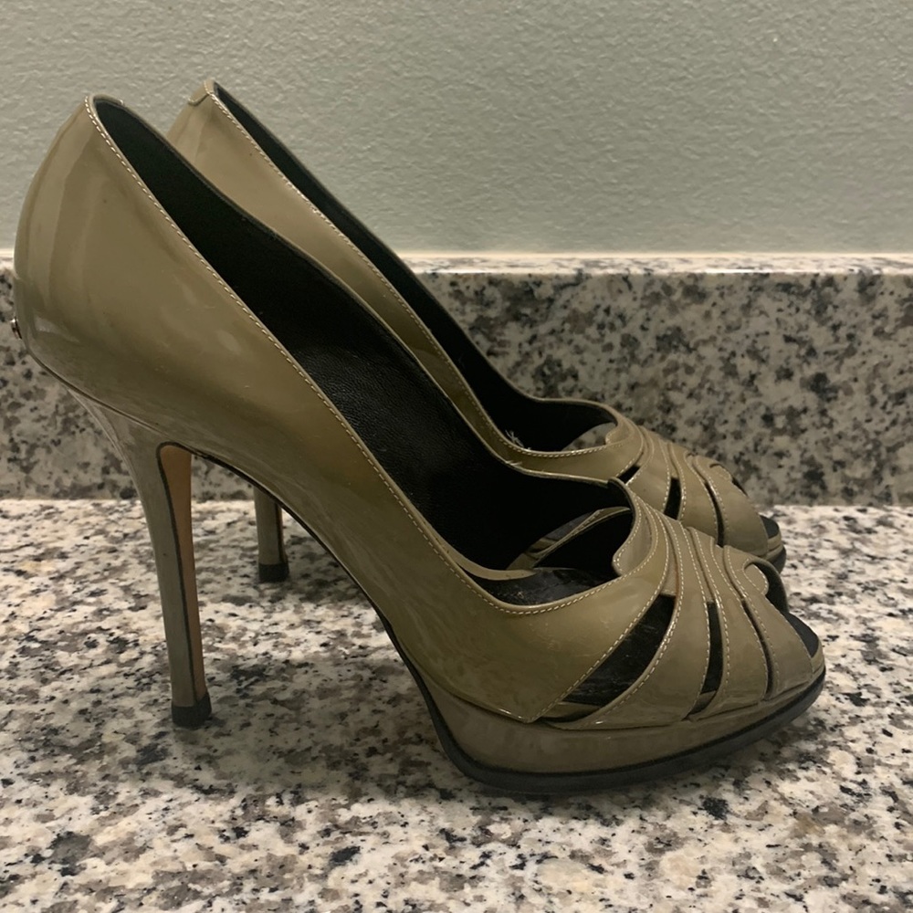Christian Dior Grey Patent Leather Platform Peep Toe Pumps